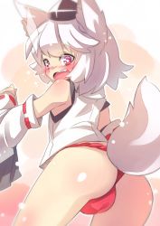 Rule 34 | 1girl, animal ears, ass, bare shoulders, blush, detached sleeves, fundoshi, hat, inubashiri momiji, japanese clothes, long sleeves, looking at viewer, looking back, no pants, open mouth, pink eyes, silver hair, solo, tail, tokin hat, touhou, wide sleeves, wolf ears, wolf tail, yuuki (yuyuki000)