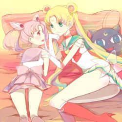 Rule 34 | 1990s (style), 2girls, bad id, bad pixiv id, bed, bishoujo senshi sailor moon, bishoujo senshi sailor moon supers, blonde hair, blue eyes, blue sailor collar, blush, boots, bow, brooch, cat, chibi usa, child, choker, cone hair bun, crescent, crescent facial mark, double bun, earrings, elbow gloves, facial mark, gloves, green eyes, hair bun, hair ornament, heart, heart brooch, high heels, jewelry, knee boots, kumahshuan, long hair, luna-p, luna (sailor moon), lying, magical girl, miniskirt, moon, multicolored clothes, multicolored skirt, multiple girls, open mouth, pan (kumahshuan), panties, pantyshot, pillow, pink eyes, pink footwear, pink hair, red bow, red eyes, retro artstyle, sailor chibi moon, sailor collar, sailor moon, sailor senshi, shoes, short twintails, skirt, smile, striped clothes, striped panties, super sailor moon, tsukino usagi, twintails, underwear, white gloves