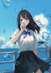 Rule 34 | 1girl, bicycle, black eyes, black hair, black skirt, blue bow, blue sky, blurry, blurry foreground, blush, bow, bowtie, bubble, blowing bubbles, cloud, cloudy sky, collared shirt, commentary request, cowboy shot, day, depth of field, highres, holding, long hair, looking at viewer, original, outdoors, pleated skirt, sako (35s 00), school uniform, shirt, short sleeves, sitting, skirt, sky, solo, white shirt