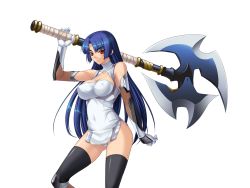 Rule 34 | 1girl, arm up, axe, bare shoulders, black lilith, blue hair, blush, breasts, collarbone, covered navel, elbow gloves, female focus, fishnets, game cg, gloves, holding, kagami hirotaka, large breasts, legs, long hair, looking at viewer, parted lips, red eyes, shiny clothes, shiny skin, simple background, solo, standing, taimanin (series), taimanin murasaki, thighhighs, thighs, weapon, white background, yatsu murasaki