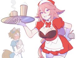 Rule 34 | 1boy, 1girl, alternate costume, animal ears, apron, bow, breasts, brown hair, coffee cup, cup, disposable cup, dress, fox ears, fox tail, genshin impact, gorou (genshin impact), hair bow, highres, holding, holding plate, kitsune, large breasts, lilyglazed, long hair, looking at viewer, multicolored hair, parfait, pink hair, plate, puffy short sleeves, puffy sleeves, purple eyes, red dress, red headwear, short hair, short sleeves, smile, tail, tray, two-tone hair, waist apron, waitress, white background, white hair, white legwear, yae miko