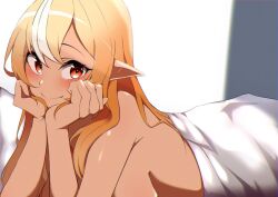Rule 34 | 1girl, blonde hair, blush, breasts, closed mouth, commentary, dark-skinned female, dark skin, hands on own chin, head rest, hololive, large breasts, long hair, looking at viewer, lying, multicolored hair, on stomach, pointy ears, red eyes, shiranui flare, smile, solo, topless, two-tone hair, under covers, upper body, virtual youtuber, white hair, yamaki (yamaki801)