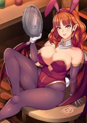 Rule 34 | 1girl, animal ears, black sclera, breasts, bright pupils, rabbit ears, celica (fire emblem), cleavage, colored sclera, colored skin, dark persona, detached collar, earrings, fake animal ears, fire emblem, fire emblem echoes: shadows of valentia, gloves, holding, jewelry, large breasts, long hair, nintendo, pantyhose, parted lips, playboy bunny, pointy ears, purple skin, red eyes, red hair, reflection, revolverwing, sitting, solo, table, white gloves, white pupils