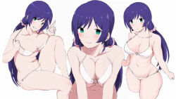 Rule 34 | 1girl, bikini, blush, breasts, breasts squeezed together, cleavage, collarbone, cowboy shot, gluteal fold, green eyes, large breasts, leaning forward, long hair, looking at viewer, love live!, love live! school idol project, medium breasts, multiple views, navel, nishikino kee, o-ring, o-ring bikini, pink scrunchie, plump, purple hair, scrunchie, simple background, sitting, smile, swimsuit, tojo nozomi, twintails, v, white bikini
