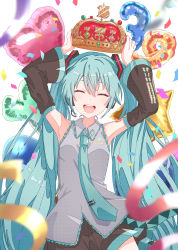 Rule 34 | 1girl, 39, :d, ^ ^, absurdres, arms up, balloon, black skirt, black sleeves, blue hair, blue necktie, closed eyes, collared shirt, commentary, detached sleeves, dress shirt, facing viewer, grey shirt, hair between eyes, hair ornament, hatsune miku, headset, highres, holding, itogari, long hair, long sleeves, microphone, miniskirt, necktie, open mouth, pleated skirt, shirt, skirt, sleeveless, sleeveless shirt, smile, solo, standing, twintails, very long hair, vocaloid, wing collar