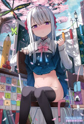 Rule 34 | 1girl, :t, bag, black thighhighs, blue dress, blue sky, blush, bow, chair, cherry blossoms, closed mouth, clothes lift, cloud, cloudy sky, collared shirt, commentary request, day, dress, dress lift, dress shirt, grey hair, groin, hair between eyes, highres, lamppost, liclac, lifted by self, long hair, long sleeves, looking at viewer, navel, nose blush, on chair, original, outdoors, panties, unworn panties, pink bow, pleated dress, pout, purple eyes, school bag, school chair, school uniform, shirt, sitting, sky, sleeves past wrists, solo, thighhighs, tree, underwear, white panties, white shirt
