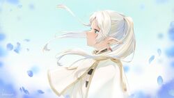 Rule 34 | 1girl, capelet, carrot (robosquat), earrings, elf, frieren, green eyes, highres, jewelry, long hair, petals, pointy ears, profile, shirt, solo, sousou no frieren, twintails, twitter username, white capelet, white hair, white shirt, wind