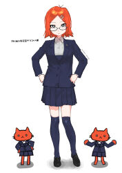 3-nen_c-gumi_14-ban_kubozono_chiyoko_no_nyuukaku_(vocaloid) 3girls absurdres black_eyes blue_thighhighs cat_girl full_body furry furry_female glasses hands_on_own_hips highres multiple_girls orange_hair school_uniform short_hair simple_background skirt sukuyo_onaka thighhighs translation_request vocaloid white_background