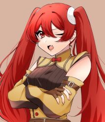Rule 34 | 1girl, ;d, brown gloves, crossed arms, detached sleeves, fang, fingerless gloves, fire emblem, fire emblem awakening, gau fe, gloves, hair between eyes, long hair, looking at viewer, nintendo, one eye closed, open mouth, red eyes, red hair, severa (fire emblem), skin fang, smile, solo, twintails, upper body
