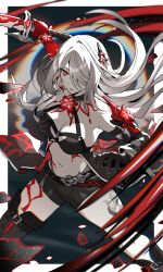Rule 34 | 1girl, absurdres, acheron (honkai: star rail), bare shoulders, belt, black belt, black gloves, black shorts, breasts, cleavage, commentary request, gloves, hair over one eye, highres, holding, holding sword, holding weapon, honkai: star rail, honkai (series), long hair, looking at viewer, medium breasts, midriff, navel, parted lips, red eyes, sakana (fishchunk), short shorts, shorts, solo, stomach, sword, thighs, very long hair, weapon, white hair