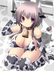 Rule 34 | 1girl, adjusting hair, animal ears, animal print, bad id, bad pixiv id, bare shoulders, bell, neck bell, bikini, black hair, blush, breasts, cleavage, collar, collarbone, cow ears, cow girl, cow print, cow tail, elbow gloves, gloves, horns, large breasts, long hair, looking at viewer, no shoes, original, pink eyes, smile, solo, swimsuit, tail, thigh gap, thighhighs, thighs, tsukumiya amane