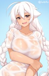 Rule 34 | 1girl, :d, arm under breasts, blue background, blue eyes, braid, breasts, brown eyes, collarbone, commentary, fang, highres, iwbitu, large breasts, long hair, looking at viewer, no bra, nyopu, open mouth, original, see-through, shirt, short sleeves, simple background, skin fang, smile, solo, symbol-only commentary, thick eyebrows, twin braids, twitter username, upper body, very long hair, wet, wet clothes, wet shirt, white hair, white shirt