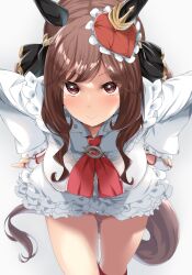 Rule 34 | 1girl, absurdres, alternate costume, animal ears, ascot, blush, breasts, brown hair, closed mouth, commentary request, dress, ear covers, ear ornament, feet out of frame, gentildonna (umamusume), hair between eyes, hands on own hips, highres, horse ears, horse girl, horse tail, large breasts, leaning forward, long hair, long sleeves, nagisa (imizogami), red ascot, red eyes, simple background, smile, solo, tail, umamusume, walnut, white background, white dress