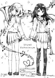 Rule 34 | 2girls, absurdres, black thighhighs, blush, closed mouth, eighth note, euphonium, greyscale, hand up, hibike! euphonium, highres, holding, holding hands, holding instrument, instrument, kantoku, kitauji high school uniform, kneehighs, kousaka reina, loafers, long hair, long sleeves, looking at viewer, looking back, monochrome, multiple girls, musical note, neckerchief, oumae kumiko, parted lips, petals, pleated skirt, sailor collar, school uniform, shirt, shoes, short hair, sixteenth note, sketch, skirt, socks, standing, thighhighs, traditional media, trumpet, white socks