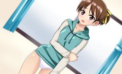 Rule 34 | 1girl, absurdres, belly, blush, breasts, brown hair, commission, curtains, eyebrows, go! go! nippon! 2015, go! go! nippon! live with you!, go! go! nippon! ~my first trip to japan~, hair ribbon, highres, hood, hoodie, kiniro tofu, legs, manga gamer, misaki akira, no pants, panties, red eyes, ribbon, thighs, underwear, virtual youtuber, white panties, window