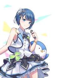 1girl blue_eyes blue_hair glassst0ne highres holding holding_microphone idol kiritani_haruka looking_at_viewer microphone project_sekai shirt short_hair skirt sleeveless smile solo vest virtual_youtuber white_background white_vest