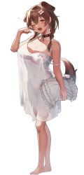 Rule 34 | 1girl, absurdres, alternate costume, animal collar, animal ears, bare legs, barefoot, blush, bone hair ornament, braid, breasts, brown hair, cleavage, collar, commentary, covered navel, dog ears, dog girl, dog tail, dress, fangs, full body, hair between eyes, hair ornament, half-closed eye, highres, hiragi sage, holding, holding pillow, hololive, inugami korone, large breasts, looking at viewer, medium hair, nightgown, no bra, no panties, one eye closed, open mouth, pillow, red collar, red eyes, see-through, side braids, simple background, sleepy, sleeveless, sleeveless dress, solo, standing, strap slip, tail, tearing up, tears, teeth, twin braids, upper teeth only, virtual youtuber, waking up, white background, white dress, wiping tears