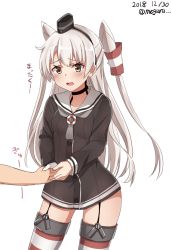 Rule 34 | 1girl, 1other, amatsukaze (kancolle), brown dress, brown eyes, commentary request, contrapposto, cowboy shot, dress, garter straps, gloves, hair tubes, hand grab, hat, highres, kantai collection, long hair, meguru (megurunn), mini hat, one-hour drawing challenge, red thighhighs, sailor dress, short dress, silver hair, simple background, single glove, standing, striped clothes, striped thighhighs, thighhighs, translation request, two side up, white background, white gloves