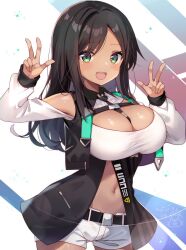 Rule 34 | 1girl, :d, alice gear aegis, bare shoulders, belt, between breasts, black necktie, black vest, blush, breasts, brown hair, cleavage, commentary request, dark-skinned female, dark skin, double w, green eyes, highres, kakerayuri, kaneshiya sitara, large breasts, long hair, long sleeves, looking at viewer, navel, necktie, open clothes, open mouth, open vest, shorts, smile, solo, stomach, vest, w, white shorts