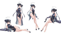 Rule 34 | 1girl, absurdres, barefoot, black dress, black footwear, black hair, blue archive, breasts, chamuhz, china dress, chinese clothes, dragon print, dress, full body, grey eyes, grey halo, halo, highres, kisaki (blue archive), looking at viewer, lying, medium breasts, multiple views, on side, print dress, shoes, simple background, sitting, toes, twintails, white background