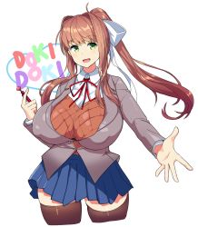 Rule 34 | 1girl, blue skirt, bow, breasts, brown hair, covered erect nipples, doki doki literature club, green eyes, hands up, highres, large breasts, monika (doki doki literature club), open mouth, pen, ponytail, red ribbon, ribbon, school uniform, simple background, sinensian, skirt, smile, socks, solo, upper body, white bow