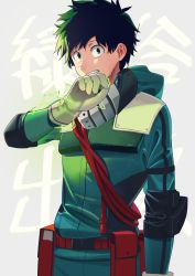 Rule 34 | 10s, 1boy, aged up, belt, bodysuit, boku no hero academia, commentary request, freckles, gloves, green eyes, green hair, grey background, long sleeves, looking at viewer, male focus, midoriya izuku, poligon (046), pouch, smile, solo, sparks, standing, white gloves