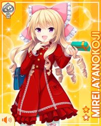 Rule 34 | 1girl, ayanokoji mirei, blonde hair, blouse, bow, card, character name, chocolate, curly hair, drill hair, girlfriend (kari), green skirt, hair ornament, holding, jacket, long hair, official art, open mouth, ouju, pink bow, plaid, plaid skirt, purple eyes, qp:flapper, red jacket, ringlets, shirt, shoes, skirt, smile, solo, standing, tagme, v-shaped eyebrows, very long hair, white legwear, white shirt, yellow background