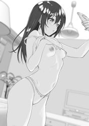 Rule 34 | 1girl, blush, breasts, ceiling light, clothes lift, commentary request, greyscale, hair between eyes, indoors, lifting own clothes, long hair, monochrome, nipples, no pants, off shoulder, original, panties, parted lips, selfie, shirt lift, small breasts, solo, tank top, television, tsukimoto kizuki, underwear