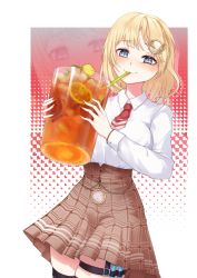 Rule 34 | 1girl, blonde hair, blouse, blue eyes, breasts, collared shirt, cup, detective, drinking glass, drinking straw, drinking straw in mouth, highres, hololive, hololive english, holomyth, looking at viewer, necktie, oversized object, red necktie, shirt, skindentation, skirt, smile, solo, standing, syringe, thigh strap, thighhighs, velminth, virtual youtuber, watson amelia, watson amelia (1st costume), white shirt