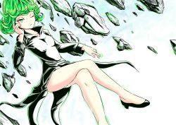 Rule 34 | 1girl, absurdres, bare legs, curly hair, dress, flying, green eyes, green hair, highres, impossible clothes, impossible dress, long sleeves, one-punch man, panties, pantyshot, psychic, shoes, sky, superhero costume, tatsumaki, underwear