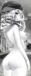 Rule 34 | 1girl, 66yoshi99, absurdres, ai-generated art (topic), anus, ass, black headwear, blurry, blurry background, breasts, cleft of venus, cowboy shot, enpera, from behind, greyscale, highres, looking at viewer, looking back, medium breasts, monochrome, nude, original, plaid, plaid scarf, pussy, scarf, sideboob, solo, white hair