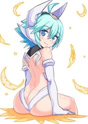 Rule 34 | 1girl, ahoge, alternate costume, ass, azure striker gunvolt, azure striker gunvolt 2, bare shoulders, blue eyes, blush, butt crack, cougar (cougar1404), elbow gloves, feathers, from behind, gloves, green hair, huge ass, looking at viewer, looking back, roro (gunvolt), shiny skin, short hair, sitting, smile, solo