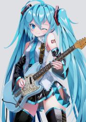 Rule 34 | 1girl, ahoge, arm tattoo, bare shoulders, blouse, blue eyes, blue hair, breasts, commentary request, cowboy shot, detached sleeves, electric guitar, fender mustang, grey background, grey shirt, guitar, hair between eyes, hatsune miku, highres, holding, instrument, long hair, looking at viewer, miniskirt, one eye closed, shirt, simple background, skirt, sleeveless, sleeveless shirt, small breasts, smile, solo, standing, takepon1123, tattoo, thighhighs, twintails, very long hair, vocaloid, zettai ryouiki