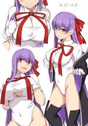 Rule 34 | 1girl, bb (fate), bb (fate) (all), bb (swimsuit mooncancer) (fate), bb (swimsuit mooncancer) (third ascension) (fate), black coat, blush, boots, breasts, bursting breasts, coat, commentary request, covered navel, fate (series), groin, highleg, highleg leotard, large breasts, leotard, long hair, looking at viewer, multiple views, popped collar, purple eyes, purple hair, purple theme, red eyes, ribbon, shiseki hirame, simple background, standing, thighhighs, torn clothes, very long hair, white background