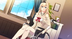 Rule 34 | 10s, 1girl, bare shoulders, blonde hair, blue eyes, blue sky, blush, book, braid, breasts, cloud, cloudy sky, corset, crown, curtains, day, dress, flower, french braid, hair between eyes, hairband, indoors, jewelry, kantai collection, long hair, long sleeves, looking at viewer, medium breasts, mini crown, necklace, off shoulder, photo (object), red flower, red ribbon, red rose, ribbon, rose, sahuyaiya, signature, sitting, skirt, sky, smile, solo, thighhighs, warspite (kancolle), wheelchair, white dress, white thighhighs, window