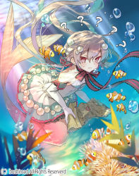 Rule 34 | 1girl, ?, bare shoulders, bow, bowtie, bubble, cardfight!! vanguard, chouchou putilna, company name, coral, fish, gloves, grey hair, hair ornament, low twintails, map, mermaid, miyoshino, monster girl, official art, red eyes, solo, twintails, underwater