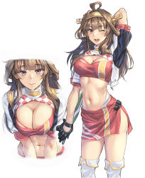 Rule 34 | 1girl, 3:, ahoge, alternate costume, arm behind head, black gloves, blush, boots, breasts, brown hair, cleavage, closed mouth, cropped jacket, double bun, flag, gloves, hair bun, highres, holding, holding flag, jacket, kantai collection, knee boots, kokuzou, kongou (kancolle), large breasts, leaning forward, long hair, looking at viewer, multicolored clothes, multicolored jacket, multiple views, navel, one eye closed, open mouth, purple eyes, race queen, red skirt, sidelocks, simple background, skirt, two-tone jacket, two-tone skirt, white background, white footwear