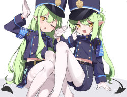 Rule 34 | 2girls, belt, black belt, black hat, black jacket, black shorts, black skirt, black tail, blue archive, demon tail, earrings, fang, gloves, green hair, hat, hikari (blue archive), jacket, jewelry, long hair, long sleeves, looking at viewer, multiple girls, nozomi (blue archive), one eye closed, open mouth, pantyhose, peaked cap, pointy ears, shorts, siblings, simple background, single earring, sisters, skin fang, skirt, smile, tail, timo wei95, twins, twintails, white background, white gloves, white pantyhose, yellow eyes