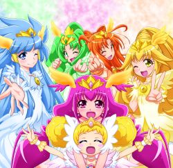 Rule 34 | 10s, 6+girls, :d, ;d, ^ ^, aoki reika, blonde hair, blush, blush stickers, bow, bow-shaped hair, candy (smile precure!), choker, closed eyes, cure beauty, cure beauty (princess form), cure happy, cure happy (princess form), cure march, cure march (princess form), cure peace, cure peace (princess form), cure sunny, cure sunny (princess form), double bun, dress, earrings, hair bun, hair flaps, hair tubes, head wings, highres, hino akane (smile precure!), hoshizora miyuki, jewelry, kise yayoi, kuon (nokokopopo), magical girl, midorikawa nao, multiple girls, one eye closed, open mouth, ponytail, precure, princess form (smile precure!), ring, royal candy, smile, smile precure!, tiara, tri tails, twintails, ultra cure happy, v, white choker, wings, wink, wrist cuffs, yellow bow