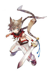 Rule 34 | 1boy, animal ears, aqua eyes, arm tattoo, belt, bright pupils, brown belt, brown hair, brown scarf, earrings, hair between eyes, hakasesuitchi, hatching (texture), holding, holding sword, holding weapon, jewelry, light brown hair, male focus, necklace, open mouth, original, pants, ring, scar, scarf, simple background, solo, sword, tail, tail ornament, tail ring, tattoo, teeth, tooth necklace, topless male, upper teeth only, weapon, white background, white pupils
