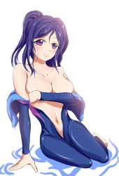 Rule 34 | 10s, 1girl, arm support, bare shoulders, barefoot, blue hair, blush, bodysuit, breasts, closed mouth, covering privates, covering breasts, diving suit, full body, large breasts, long hair, looking at viewer, love live!, love live! school idol festival, love live! sunshine!!, matsuura kanan, navel, off shoulder, one-piece swimsuit, open wetsuit, ponytail, purple eyes, smile, solo, swimsuit, unzipped, wet, wetsuit, yoshi futo