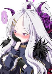 Rule 34 | 1girl, absurdres, ahoge, black gloves, blue archive, blush, commentary request, demon horns, gloves, hair ornament, hairclip, highres, hina (blue archive), horns, long hair, long sleeves, multiple horns, okara, parted bangs, purple eyes, sidelocks, simple background, solo, speech bubble, sweatdrop, translation request, white background, white hair