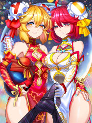 Rule 34 | 2girls, absurdres, acfun, acfun girl, ahoge, alcohol, blonde hair, bow, breasts, bun cover, china dress, chinese clothes, chinese new year, double bun, dress, elbow gloves, fireworks, food, gloves, hair bun, highres, holding, holding food, looking at viewer, lyon5, multiple girls, necktie, necktie grab, neckwear grab, red bow, red eyes, red hair, sleeveless, sleeveless dress, smile, striped necktie, td girl, yellow bow, yellow eyes