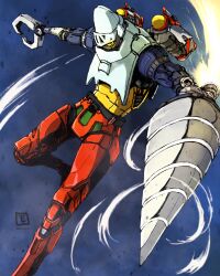 Rule 34 | absurdres, claws, drill, getter-2, getter robo, getter robo (1st series), glowing, glowing eye, highres, leaning back, looking at viewer, mecha, moyan, no humans, procreate (medium), robot, solo, super robot, thrusters, wind, yellow eyes