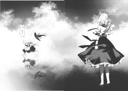 Rule 34 | 2girls, alice margatroid, ascot, capelet, cloud, cloudy sky, comic, greyscale, grimoire of alice, hat, highres, kirisame marisa, kozou (soumuden), monochrome, multiple girls, reflection, running, sash, scan, scan artifacts, sky, touhou, translation request, witch hat