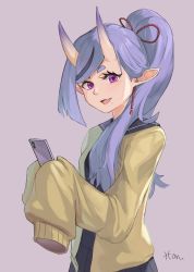 Rule 34 | 1girl, absurdres, blue skirt, breasts, cellphone, fang, hair behind ear, han (ozrfour), highres, holding, holding phone, horns, long hair, mole, mole under mouth, nijisanji, open mouth, phone, pointy ears, ponytail, purple eyes, purple hair, rindou mikoto, school uniform, skin-covered horns, skin fang, skirt, sleeves past fingers, sleeves past wrists, small breasts, smartphone, smile, solo, virtual youtuber