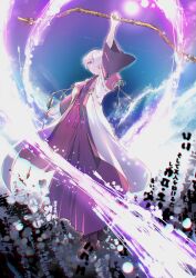 Rule 34 | 1boy, arm up, arrow (projectile), black shirt, blue background, boots, bow (weapon), brown footwear, bungou to alchemist, coat, crescent, crescent pin, detached sleeves, energy, foreground text, full body, gradient background, hair over one eye, hakama, highres, holding, holding arrow, holding bow (weapon), holding weapon, japanese clothes, kitahara hakushuu (bungou to alchemist), layered sleeves, long sleeves, male focus, open clothes, open coat, outstretched arm, parted lips, purple eyes, purple hair, purple hakama, ribbon-trimmed sleeves, ribbon trim, shirt, short hair, short over long sleeves, short sleeves, sleeveless, sleeveless shirt, sleeveless turtleneck, solo, standing, tassel, turtleneck, wazuka (wzzc), weapon, white coat, wide sleeves