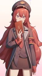 Rule 34 | 1girl, armband, blue archive, book, coat, frown, halo, hat, head tilt, highres, holding, holding book, iroha (blue archive), komodo, long hair, long sleeves, looking at viewer, military, military uniform, necktie, peaked cap, pencil skirt, purple eyes, red hair, safety pin, skirt, sleeve cuffs, sleeves past wrists, slit pupils, solo, uniform, very long hair, wavy hair