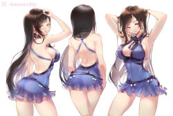 Rule 34 | 1girl, absurdres, arched back, armpits, arms up, artist name, ass, back, backless dress, backless outfit, bare shoulders, black hair, blue dress, breasts, brown hair, cleavage, closed mouth, commentary request, covered navel, cowboy shot, crescent, crescent earrings, crescent moon, dress, earrings, final fantasy, final fantasy vii, final fantasy vii remake, from behind, hand in own hair, highres, hoop earrings, jewelry, large breasts, long hair, md5 mismatch, moon, multiple views, official alternate costume, photoshop (medium), red eyes, sideboob, sleeveless, sleeveless dress, smile, square enix, swept bangs, thighs, tifa lockhart, tifa lockhart (refined dress), white background, x butterfly