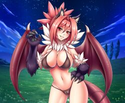 Rule 34 | 1girl, animal ear fluff, animal ears, animal hands, artist request, bat wings, bikini, blush, breasts, cameltoe, claws, cleavage, grass, grin, large breasts, lips, looking at viewer, manticore (monster girl encyclopedia), midriff, monster girl, monster girl encyclopedia, night, night sky, pink hair, red eyes, sky, smile, solo, swimsuit, tail, thighs, tree, wings
